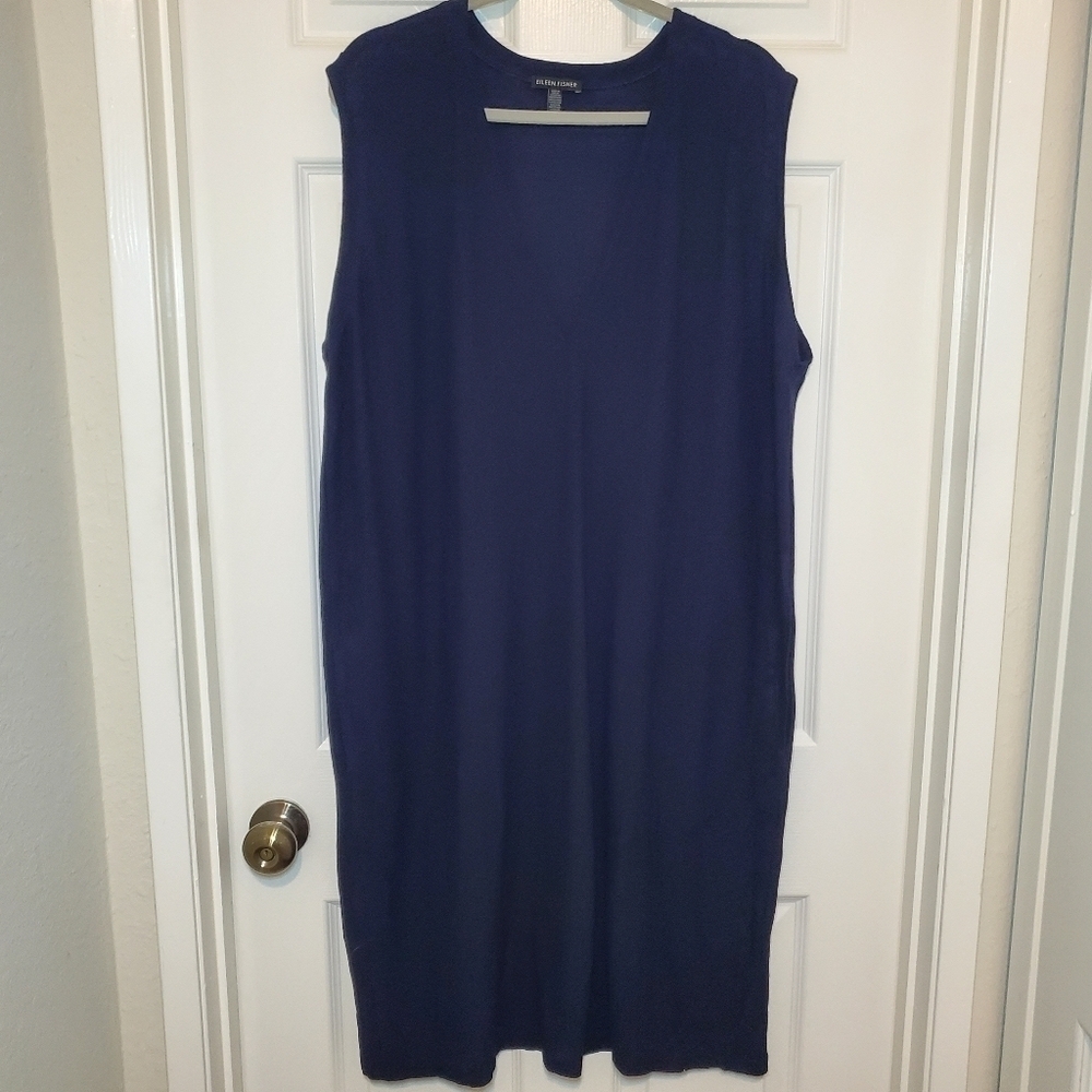 EILEEN FISHER Dress L Washable Stretch CrepeJumper V-Neck Sleeveless Navy Blue